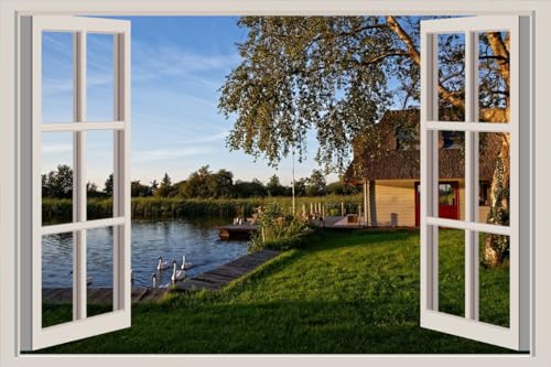 JVERF - JZZA24937 Netherlands Houses Pond Ducks Utrecht Trees Grass| Self-Adhesive Open Window Wall Sticker