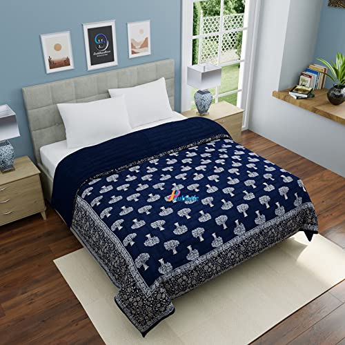 WOODSY Jaipuri Razai Rajasthani Traditional Soft Light Weight Pure Cotton Winter and Summer Rajai Ac Quilt Razai/Rajai/Quilt/Blanket/Dohar/Comforter (Double Bed, Blue Tree Golden)