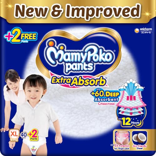 MamyPoko Pants Extra Absorb Baby Diapers X-Large (XL), 40(+2) Free Diaper, 12-17 kg