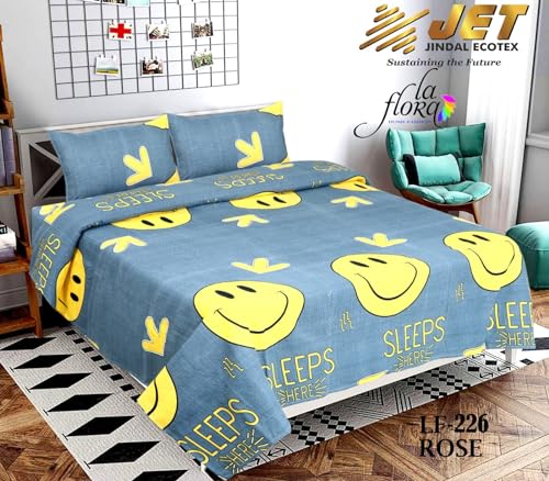 MKS Homes Cotton Feel All Around Glacecotton Printed King Size Double Bed Bedsheet with 2 Large Pillow Covers,Size - 90X100 - Grey Smiley.