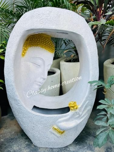 Classy Home Creation Rock Carved Buddha Face Shower Water Fountain for Home, Office, Garden (Grey) Water Fountain for Home, Water Fountain for Garden, Fountain for Living Room Fiber