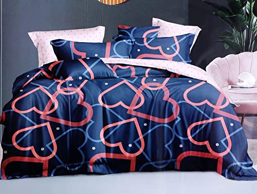 HarshBala 210 TC Cotton Super King Size Bedsheet Floral Print 108 X 118 Inch Size with 2 Pillow Cover, 274 X 298 Cm Super King Size (9 Ft by 10 Ft) - Blue Red Hearts