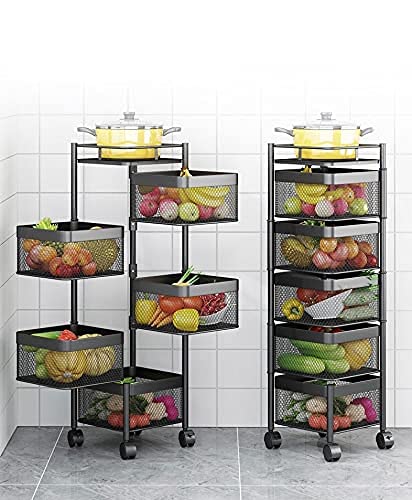 Privesh 1 Pc 5 Layer Kitchen Rotating Trolley Portable Storage Rack Square Design Fruits & Vegetable Onion Cutlery, Spice, Jars Container Basket Organizer Holder Stand for Kitchen (Iron), Tiered Shelf