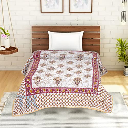 THROW KING Rajasthani Traditional Floral Desing Pure Cotton Single Bed Jaipuri Razai/Rajai/A/c Quilt/Blanket/Dohar/Comforter (Maroon/Yellow)(Size 60X90)