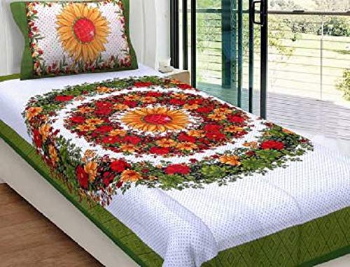 Traditional Collections 140 TC Cotton Surajmukhi Floral Printed Single Bedsheet (Green)