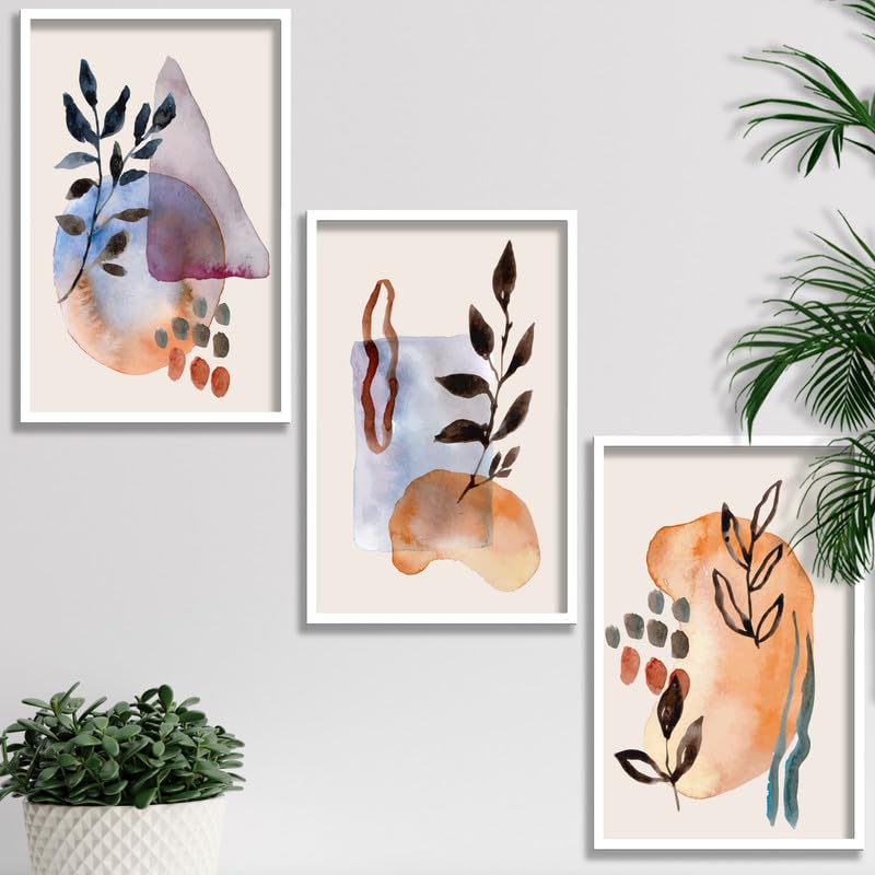 SAF paintings Set of 3 abstract flower Boho modern art design Premium white Framed Bohemian wall painting for for Wall, Home and Living Room Decoration 80 cms x 34.29 cms COMBO-2213-K3