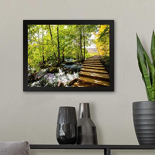 GADGETS WRAP Printed Photo Frame Matte Painting for Home Office Studio Living Room Decoration (11x9inch Black Framed) - Wooden Stairs Over Water Stream