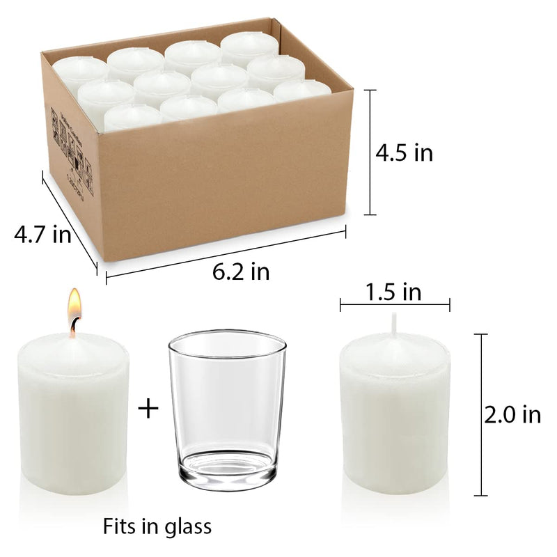 2.0 Inch White Votive Candles, Unscented Wax 10 Hour 1.5" Diameter Candles for Wedding, Party & Home, 24 Packs