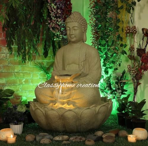 Classy Home Creation Garden Fountain with LED Light, Buddha Statue, Decorative Water Feature, Buddha Kamal Fountain 3 FEET Fiber (Multicolour)