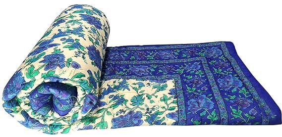 fashhub Cotton 240 TC Single Bed Rajasthani Traditional Jaipuri AC Quilt | Pack of 2 (85" x 55", Blue)