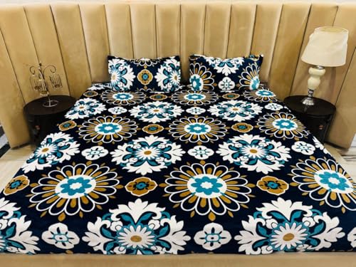 Furnistitchs Warm Flannel Bedsheet for Double Bed Elastic Fitted with 2 King Size Pillow Covers 78x72 inches - Winter Bedsheets Queen Size Bedspread (Blue Traditional, Double Fitted)