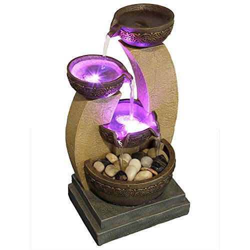 11" H Golden Tiered Bowl Fountain with Color Changing LED Lights with Adapter