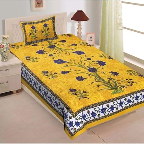 ROLEXTO 104 Tc Pure Cotton Single BedSheet with Two Pillow Covers | 60 X 90 Inches | EXLSG-140 | Yellow