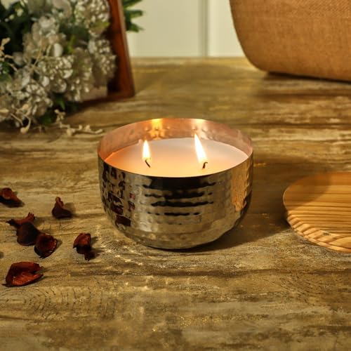 Amazon Brand - Umi Rose Gold Stainless Steel Wax Candle Container (Rose Mist) (14 OZ/ 400 Gram) 70 Hrs Burning Time (12.5 x 12.5 x 8 CM) (12.5 x 12.5 x 8 CM, Silver)