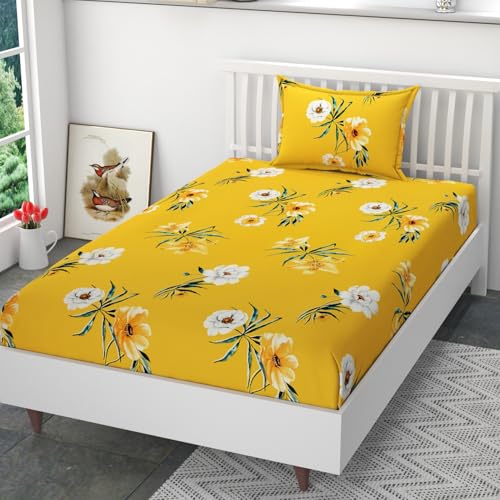 Prince Handloom 200 TC Polycotton Feel Premium Printed Supersoft Elastic Fitted 1 Single Bed Bedsheet with 1 Pillow Covers Size 48 x 72 x 8 inch, Yellow-Floral