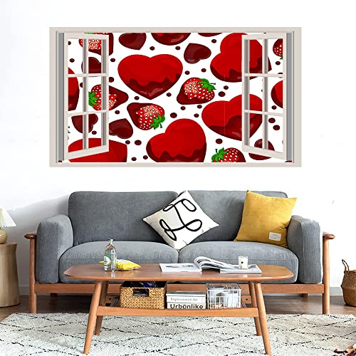 GADGETS WRAP Printed Wall Decal Sticker Fake Window Style Decal (90cm x 50cm) - Hearts and Strawberries