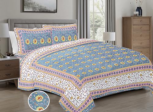 HZAR ART King Size Premium 100% Cotton Bedsheet for Double Bed with 2 Pillow Covers | 280 TC Flat Sheet | Jaipuri Print Double BedSheet Cotton(Flower Bail Print, 90 X 108 Inches) SB79