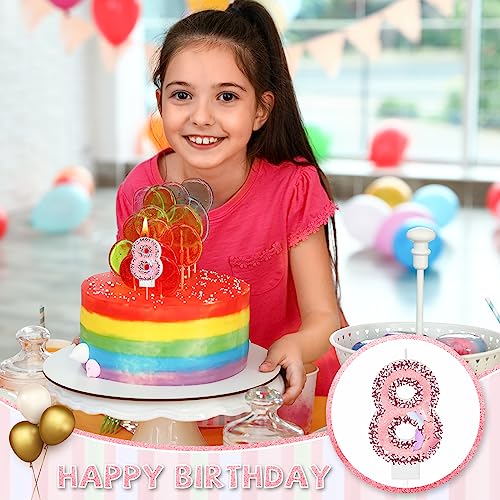 2.75" Large Pink Glitter Happy Birthday Candles Girls Number Candles for Birthday Cakes Sequin Numeral Princess Candle Number Birthday Cake Topper with 10 Long Thin Cupcake Candle for Party (Number 8)