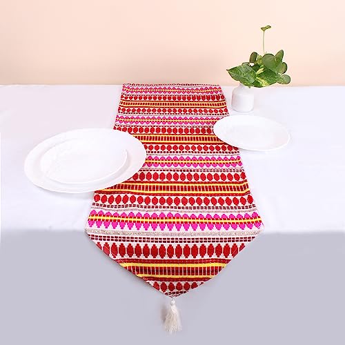 STITCHNEST Aztec Red Woven Fabric Table Runner with Tassel (13 X 60 Inches)