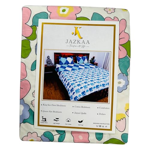 Jazkaa Mix & Match Glace Cotton Elastic Fitted Printed King Size Double Bed Bedsheet (180×200+30cm) with 2 Pillow Covers (46x69cm)