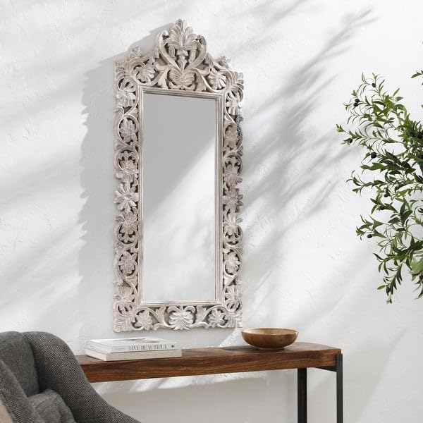 Wood Dart ® Wooden Carving Hanging Mirror Frame White Mirror only Frame siz 48x24 inch