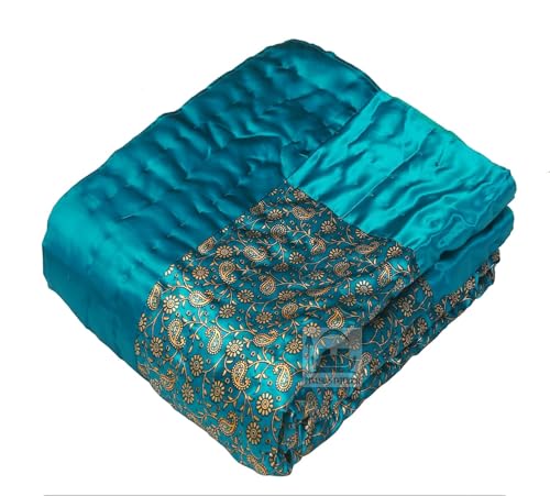 AARMOZY Cotton Filled Light Weight Silk Jaipuri AC Quilt/Razai Gold Print Jaipuriya Rajai/Razzai - (Floral, RAMA Green Double Bed)