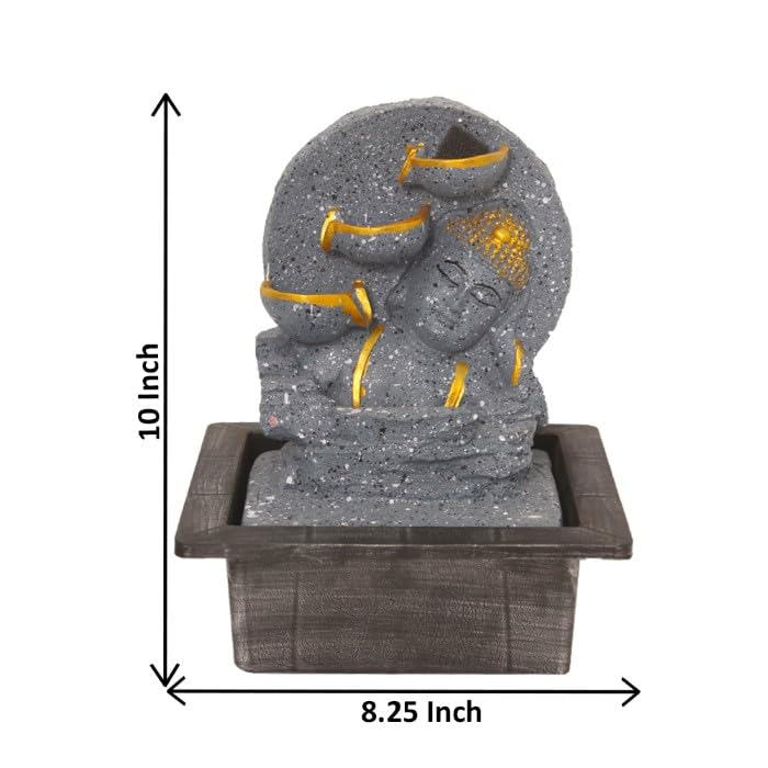 Art N Hub Sleeping Buddha Tabletop Waterfall Fountain Decorative Gift Items for Home and Office Decoration | Home Inauguration Gift Items (21 x 18 x 26 CM | Dotted Grey Golden)