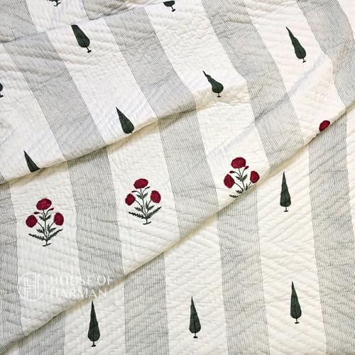 House of Harman Hand Quilted Mulmul Cotton Reversible Quilt I Hand Block Printed I Natural Vegetable Dyes (Flora Vista Elegance Quilt) (Pair of Singles- 60 * 90 inches)