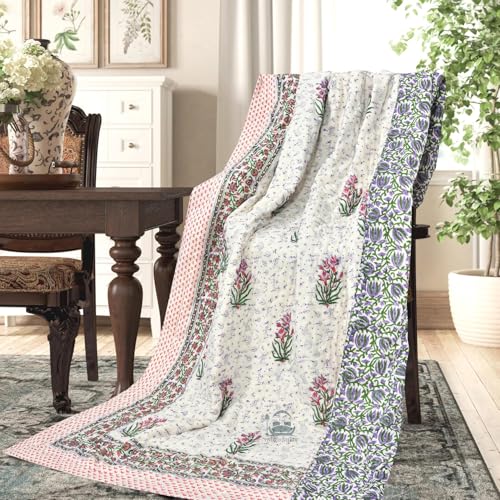 AARMOZY Pure Cotton Jaipuri Razai Double Bed Hand Block Floral Print Quilt Blanket - Purpal/Green (Double Bed B) (90X108INCHES)