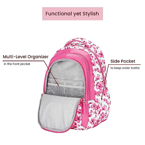 Genie Camellia School Bag for Girls, 17 inch Backpack for Women, 3 compartments Water Resistant Stylish and Trendy College Backpacks for Girls