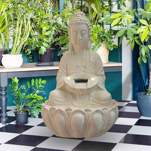 Art N Hub Big Lotus Buddha Home Decorative Fiber Best Home and Office Inauguration Gift Items Indoor Outdoor | Built (36 x 30 x 56 CM | Cream)