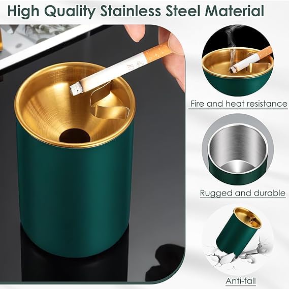 Gopinath Autolink Stainless steel Ash Tray for Cigarette, Stylish Ash Tray for Indoor or Outdoor Use, Ash Tray with Lid & Cigarette Holder, Durable Windproof Ashtray with Funnel Lid