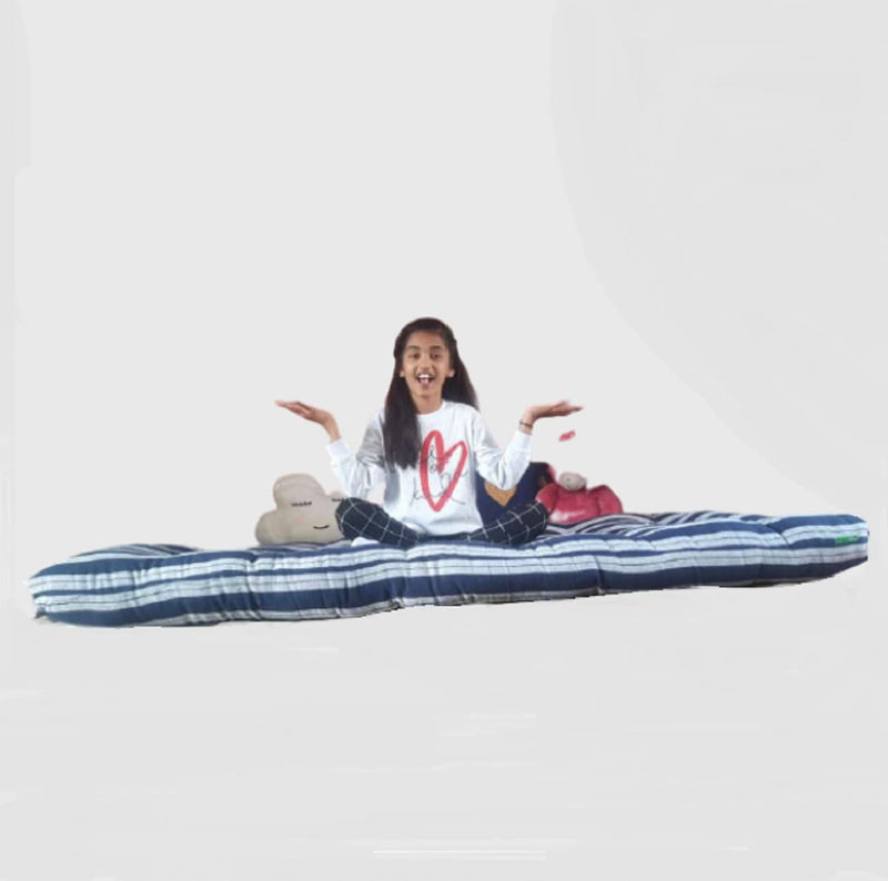 NEXTGO Foldable Mattress Cotton Fibre PG and Students Sfot Gaddai with 1 Pillow Size 4 X 6 Feet Blie White Strip