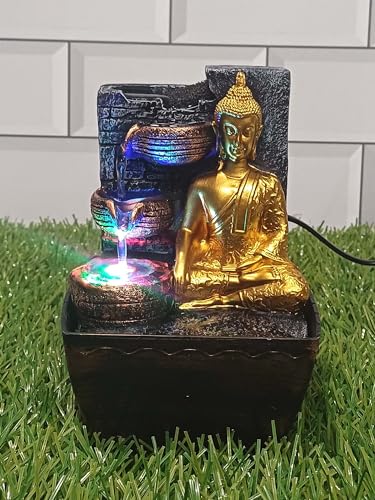 SPLICE Resin Lord Buddha Tabletop Waterfall Fountain with LED Light - for Home Decor Accent