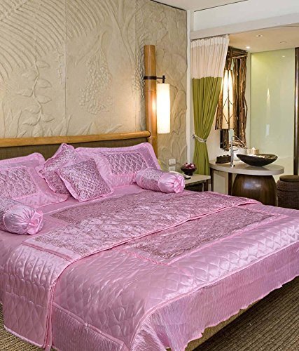 Generic Satin Luxury Gold Paisley Printed King Size Double Bed Wedding Bedding ??? Bedsheet Set (Set of 8 Pieces) for Hotels, Guest House, Home & Living Room- (Pink)