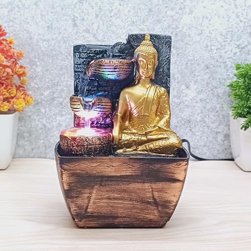 SPLICE Resin Lord Buddha Tabletop Waterfall Fountain with LED Light - for Home Decor Accent