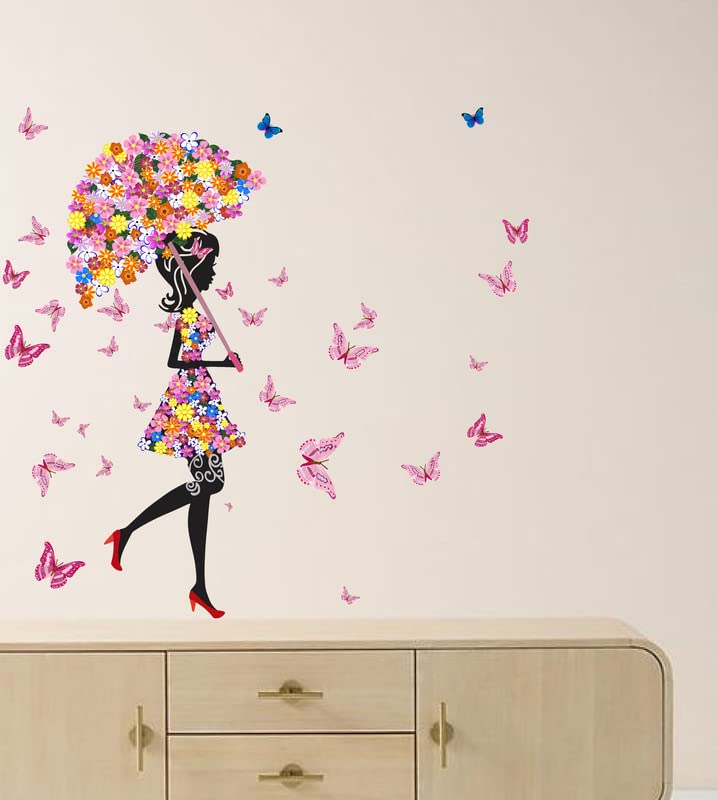 K2A Design Floral Umbrella Girl and Beautifull Butterflies Wall Sticker Multicolor PVC Vinyl 96x99 Cm