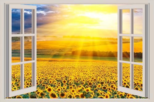 JVERF - JZZA27221 Scenery Fields Sunflowers Sky Many| Self-Adhesive Open Window Wall Sticker