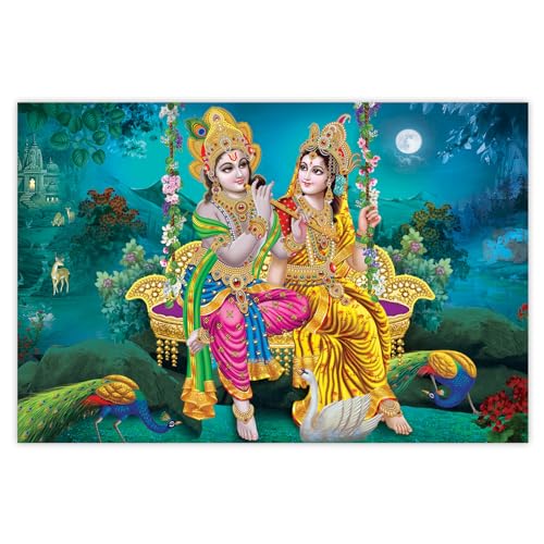 Indianara Rolled Sparkled Lord Radha Krishna Art Print for Room Décor Digital Reprint 36 inch x 24 inch Painting (10643PST)