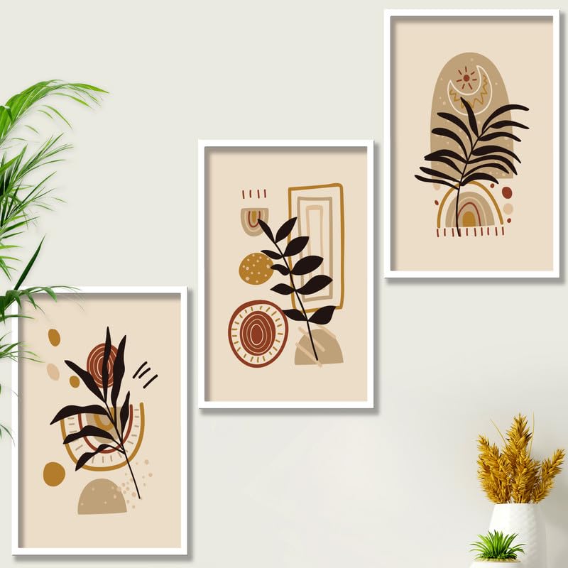 SAF paintings Set of 3 Plants Boho modern art design Premium white Framed Bohemian wall painting for for Wall, Home and Living Room Decoration 80 cms x 34.29 cms COMBO-2029-K3