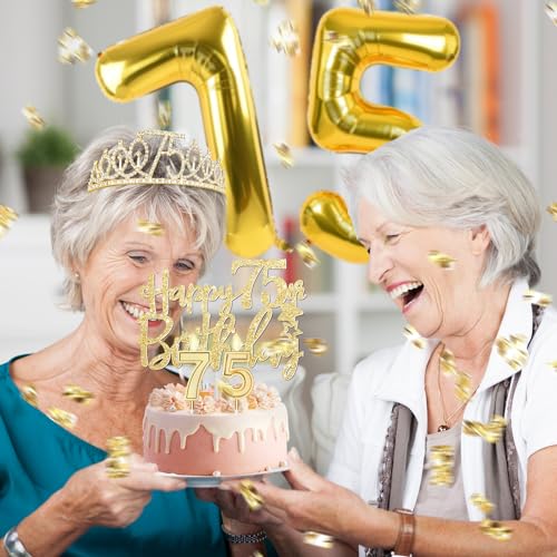 75th Birthday Decorations Women with 75th Birthday Sash and Tiara, Happy 75th Birthday Cake Toppers, Number 75 Candles, Gold 75 Birthday Balloons,75th Birthday Party Gifts for Women (Gold)