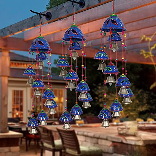 Urbane Home Rajasthani Design Handcrafted Hanging Windchimes|Latkan with 8 Bells for Home Décor & Positive Energy (Blue)