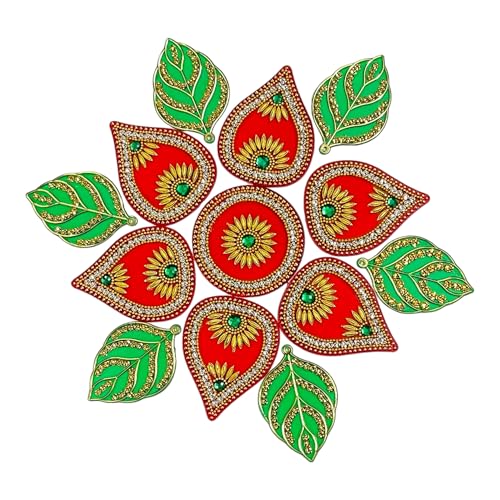 Krisah Acrylic Rangoli, 11 inch Diameter, Red and Green with Floral Design, Reusable Festival Decoration