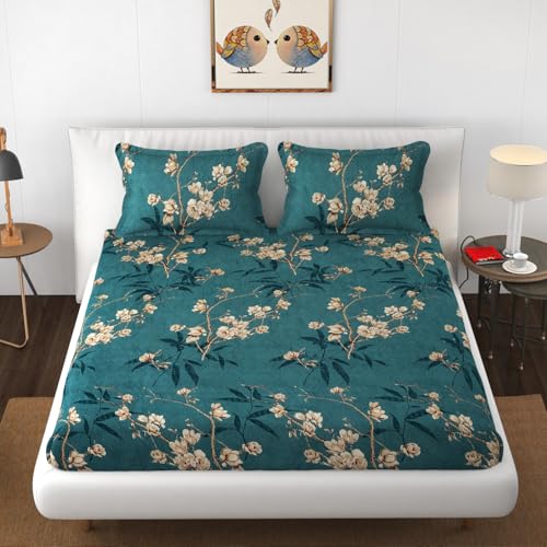 Stylish Threads Premium Cotton Flat Double Bedsheets with 2 King Size Pillow Covers | Double Bed Breathable | Wrinklefree | Ultrasoft 220 TC Supersoft | 90x100 Inches || Green Flower