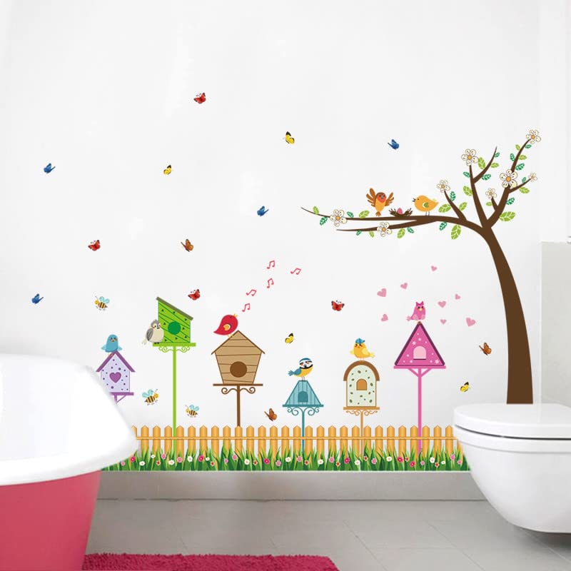 JAAMSO ROYALS Cartoon Bird Nest House Tree Branch Decorative Self Adhesive Peel and Stick Vinyl Kids Room Décor Wall Sticker