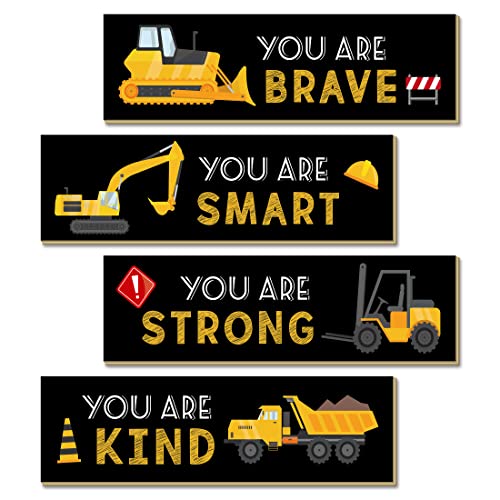 LUHIMO 4 PCS Construction Trucks Theme Room Decor for Boys,Wooden Hanging Wall Pediments for Kids Toddler Boy Playroom Art Inspirational Quotes.