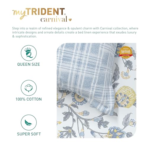 Trident Carnival Queen 3-Piece Bedsheet Set, Gifting Set, 100% Cotton Bedsheet for Double Bed (1 Queen Size Bedsheet with 2 Pillow Covers) Superior Softness, 144 Thread Count - F Block Blue