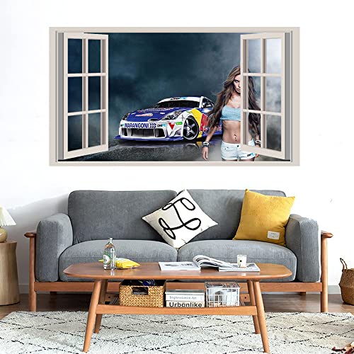 GADGETS WRAP Printed Wall Decal Sticker Fake Window Style Decal (90cm x 50cm) - Sexy Car Girl