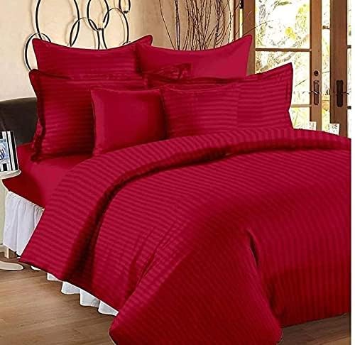 ME Products King Size Bedsheet with 2 Pillow Covers for Double Bed | Cotton, Wrinkle Free Flat Satin Stripes Bedsheet (108 x 108 Inch, Maroon)