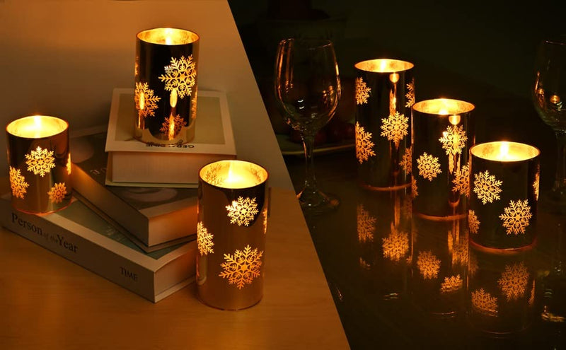 Aaviado® LED Flameless Snowflake Mirror Glass Candles Faux Wick Flickering AA Battery Pillar Candle Set of 3 with Remote Controller 4" 5" 6" for Christmas New Year Home Decor